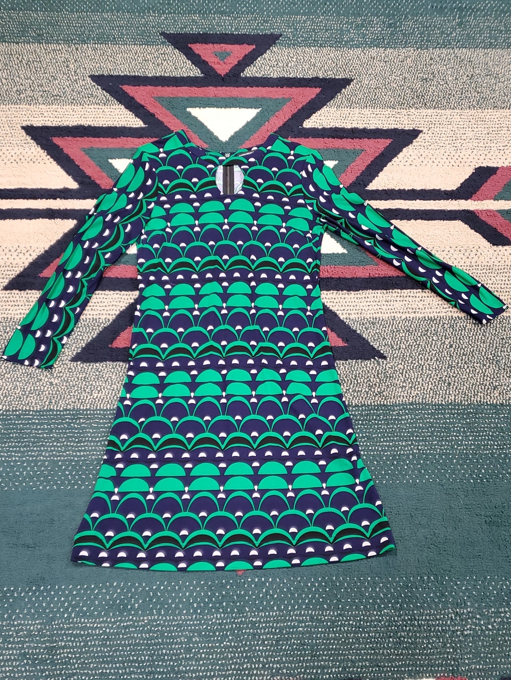 Banana Republic Green and Navy Geometric Long-Sleeve Dress